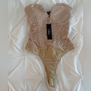 Lulu's Sparkling Amour Gold Sequin Strapless Notched Bodysuit